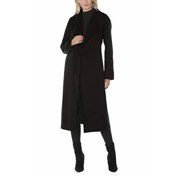 NEW T TAHARI women's double layered collar belted wool long coat in black - Picture 4 of 4